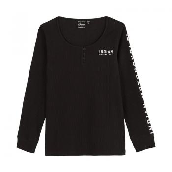 WOMENS SLEEVE PRINT HENLEY LONG SLEEVE TEE - BLACK