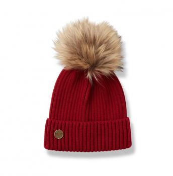 WOMENS KNITTED POM POM BEANIE - RED