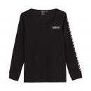 WOMENS SLEEVE PRINT HENLEY LONG SLEEVE TEE - BLACK